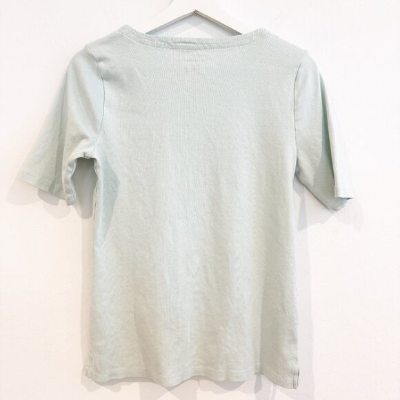 Talbots Split Neck Short Sleeve Basic Tee in Green Blue Casual Boho Size Medium - Picture 7 of 7